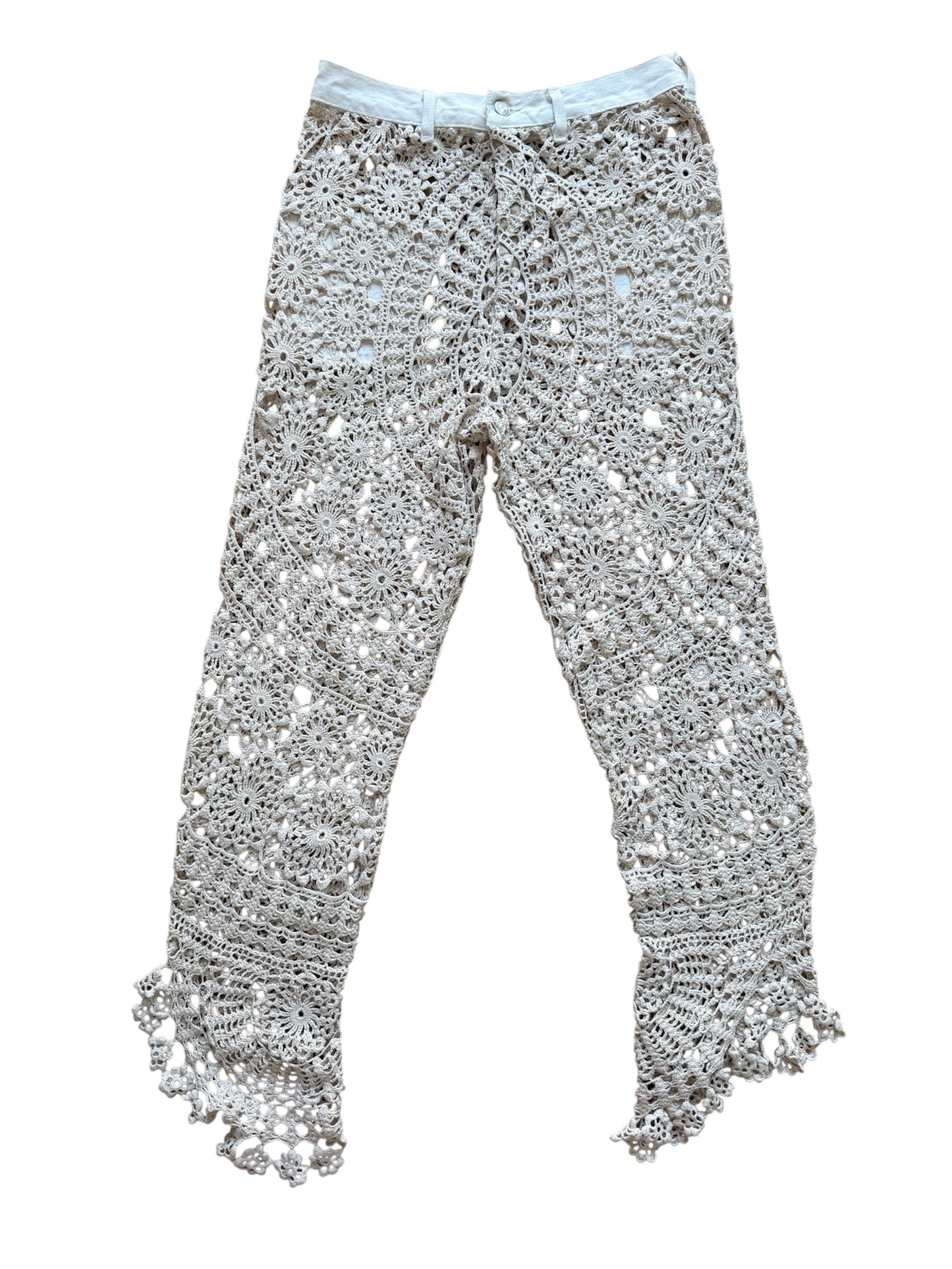 Crochet and denim trousers