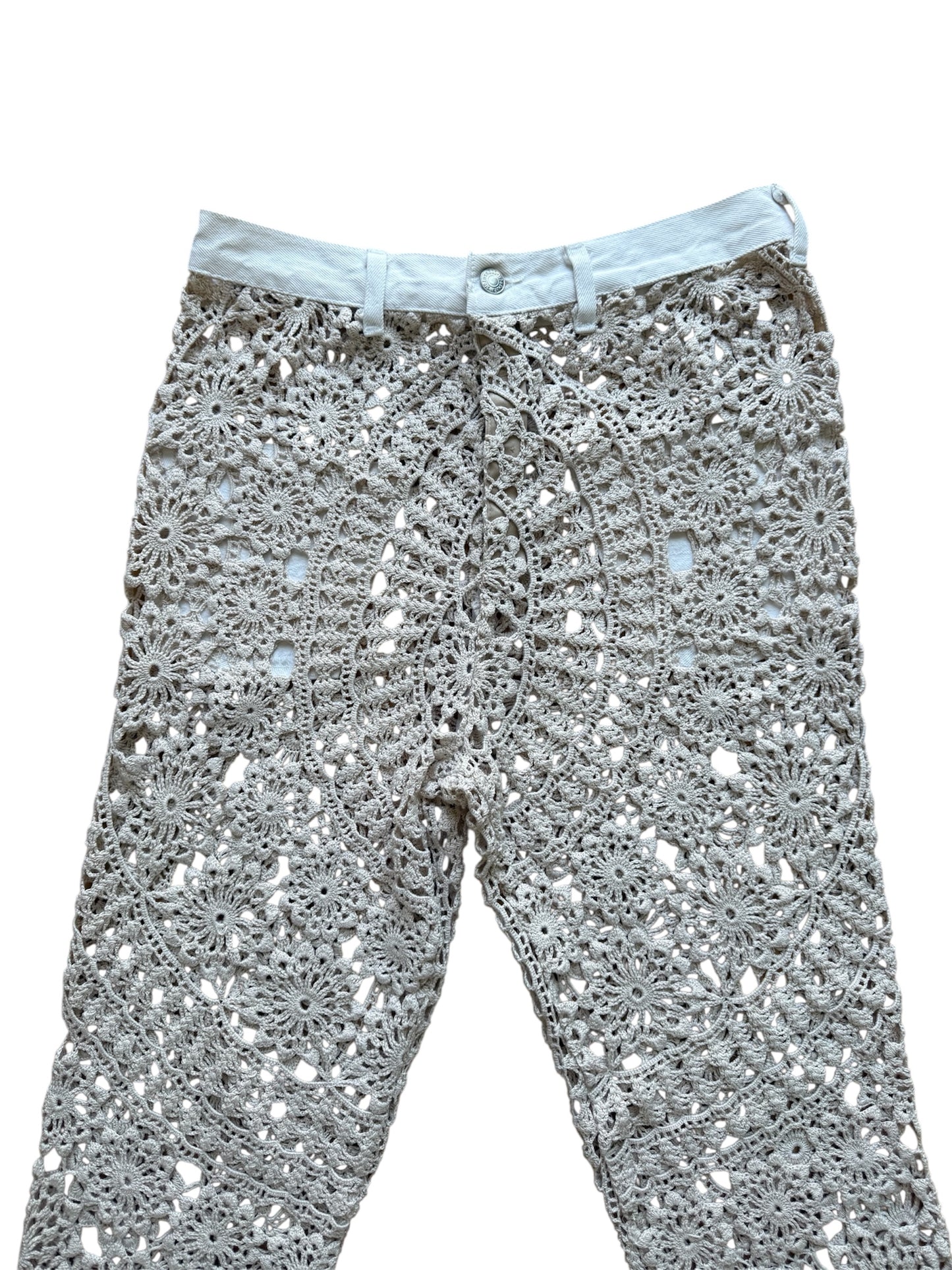 Crochet and denim trousers