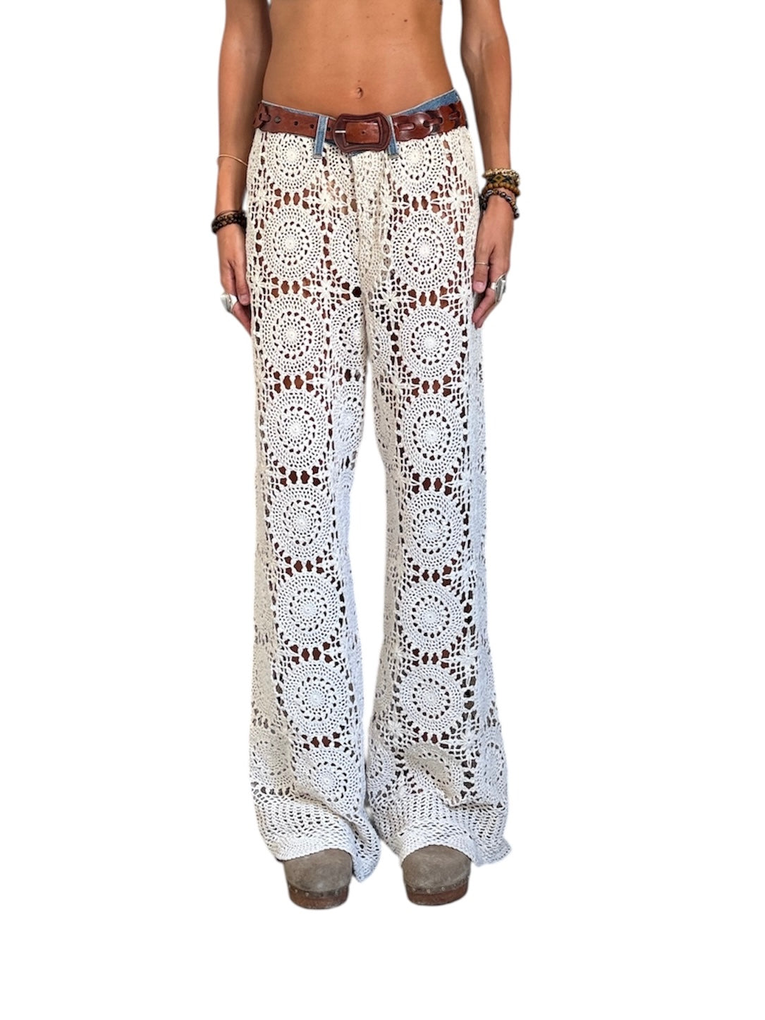 Crochet and denim trousers