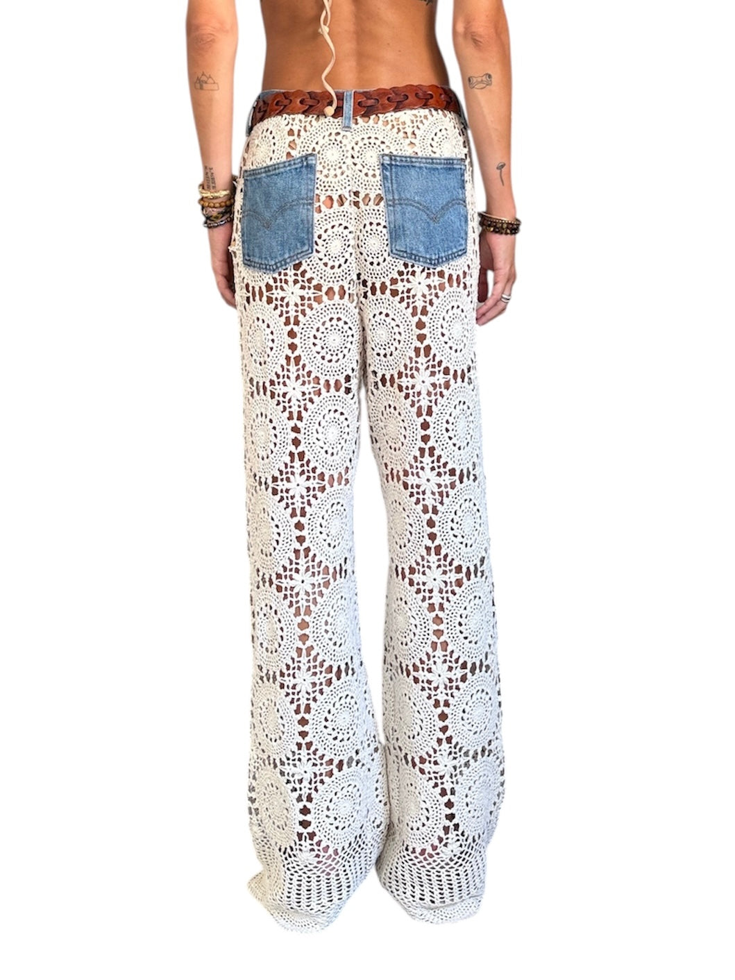 Crochet and denim trousers