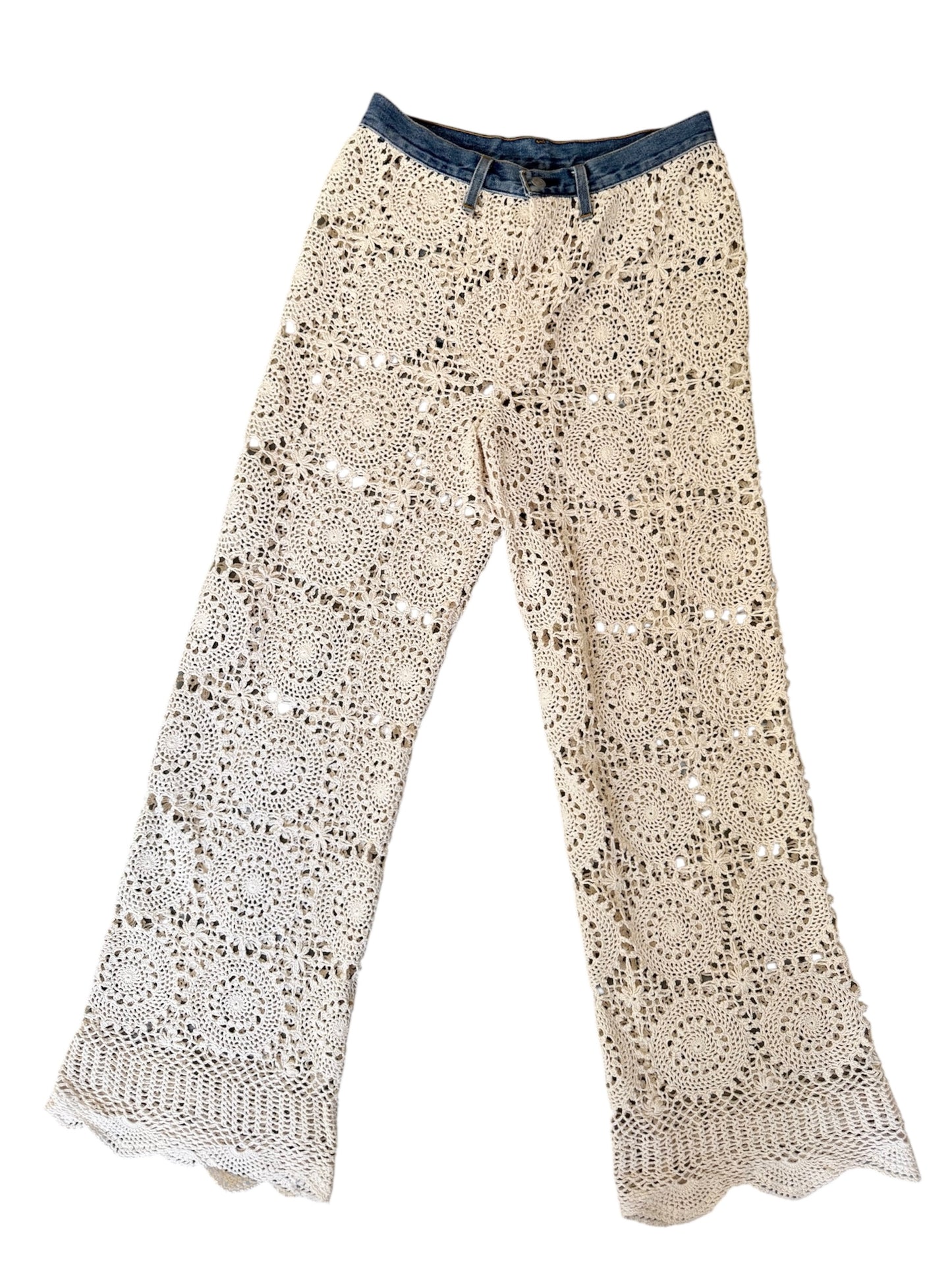 Crochet and denim trousers