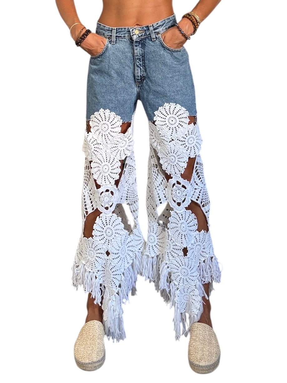 Denim and crochet trousers