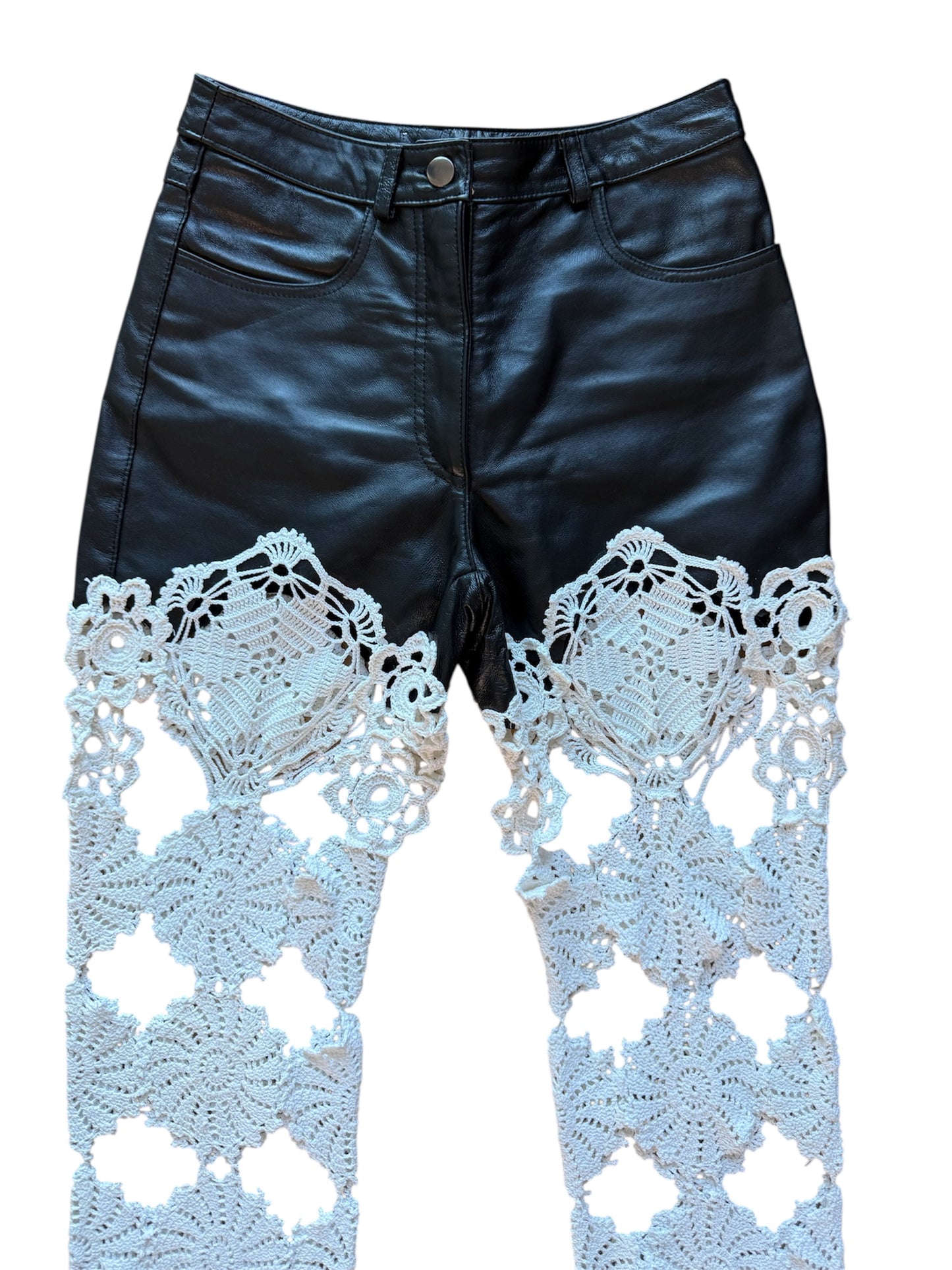 Leather and crochet trousers
