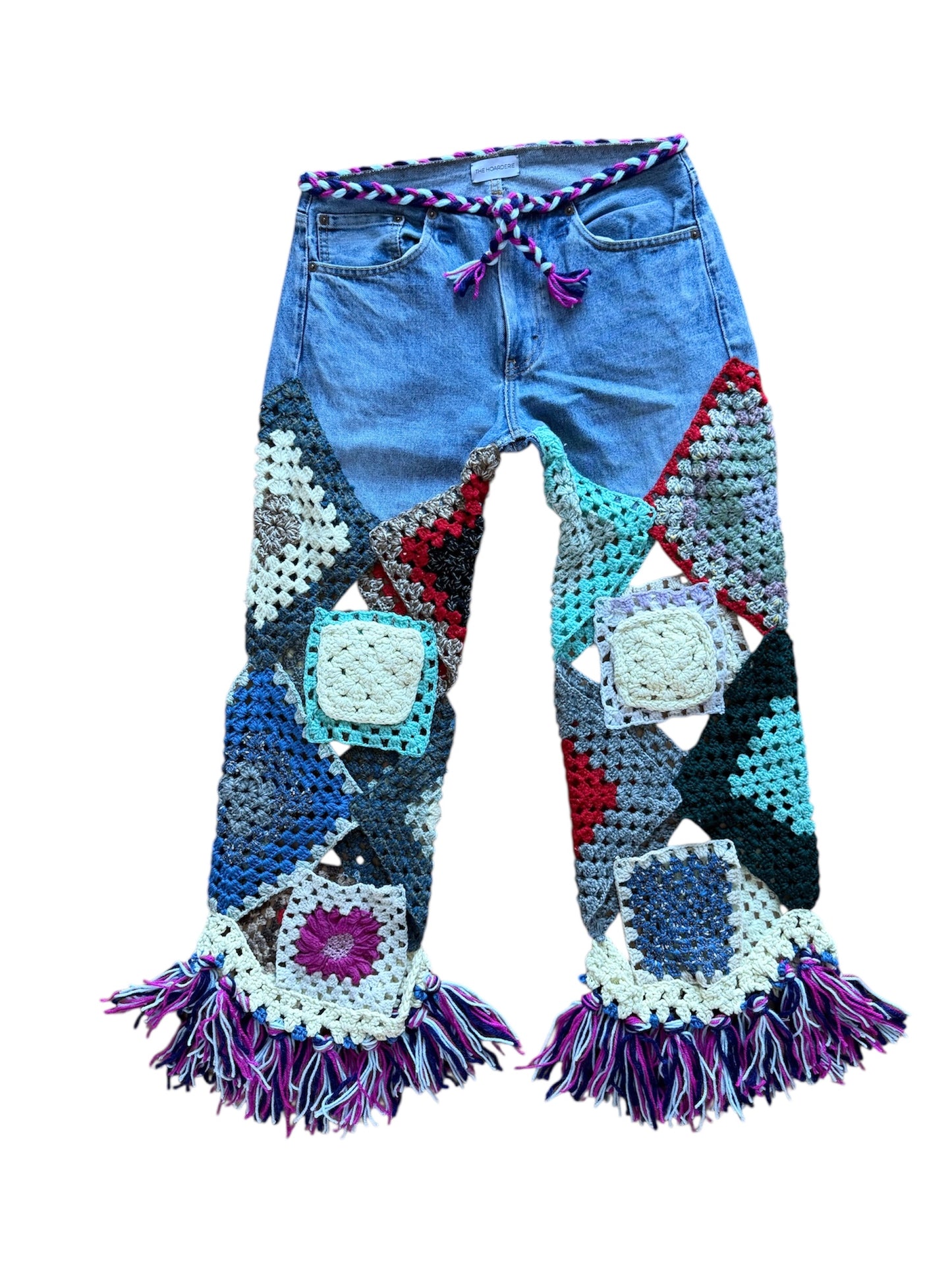Multicolour denim and crochet trousers