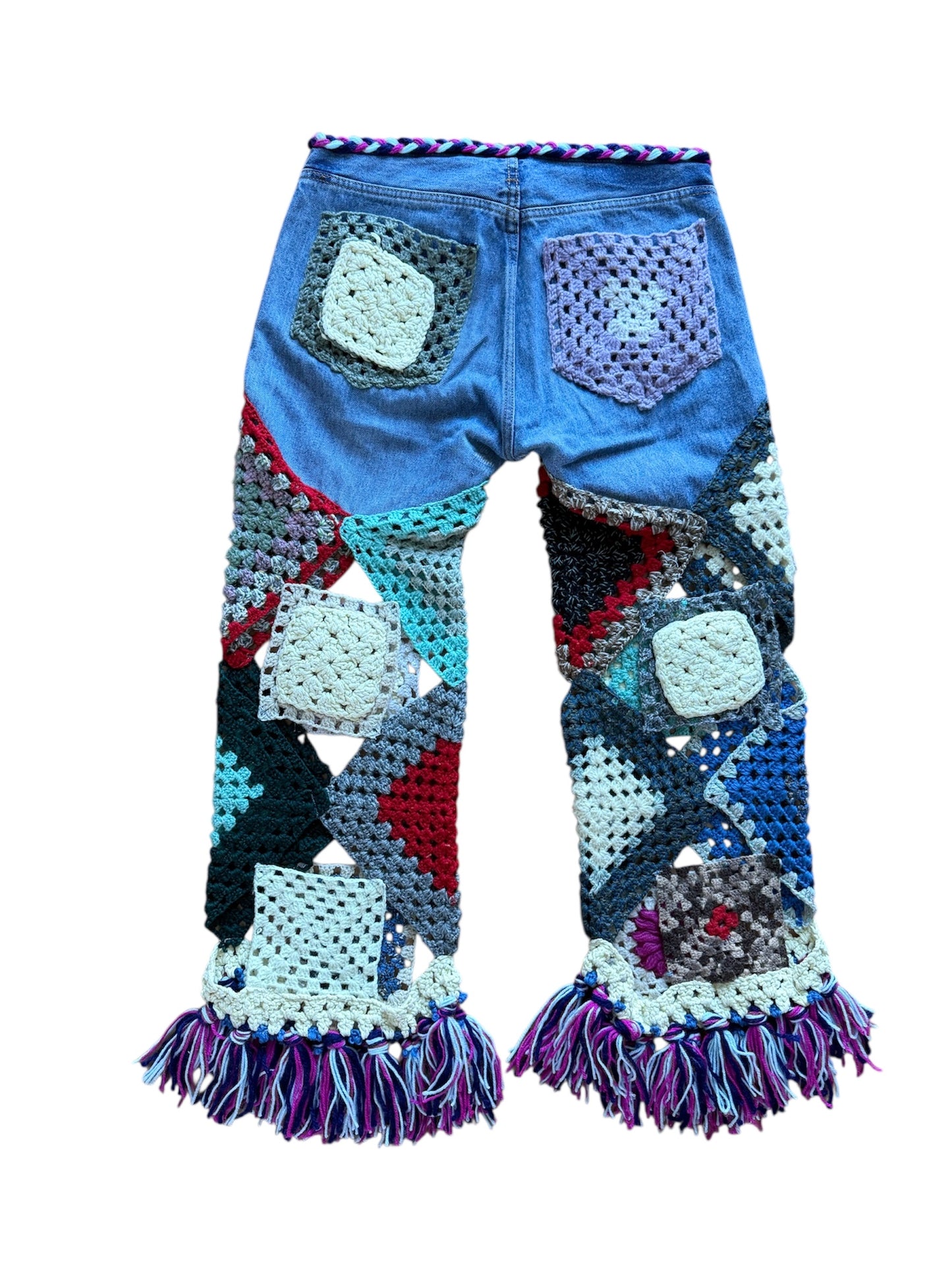 Multicolour denim and crochet trousers