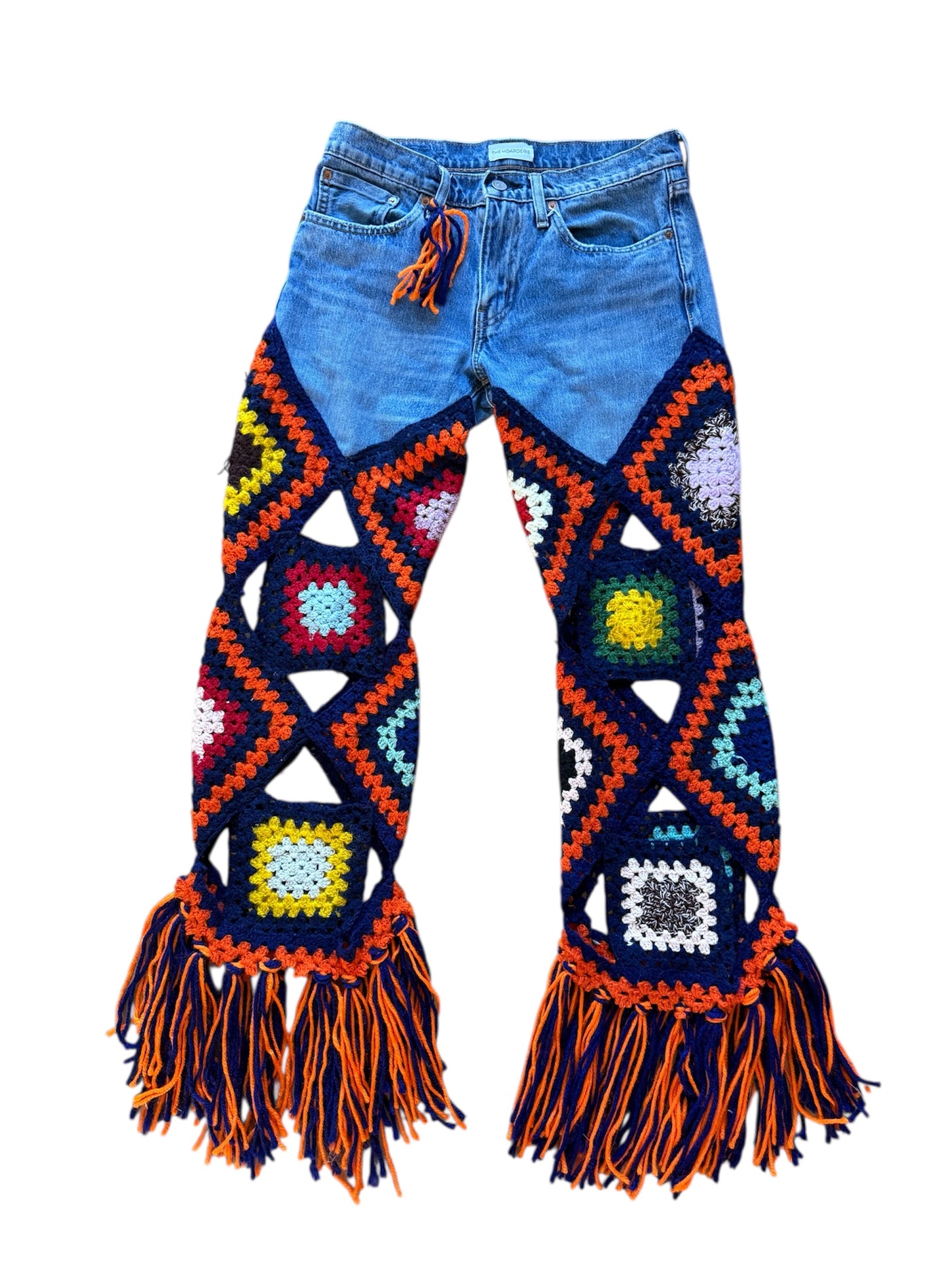 Multicolour denim and crochet trousers