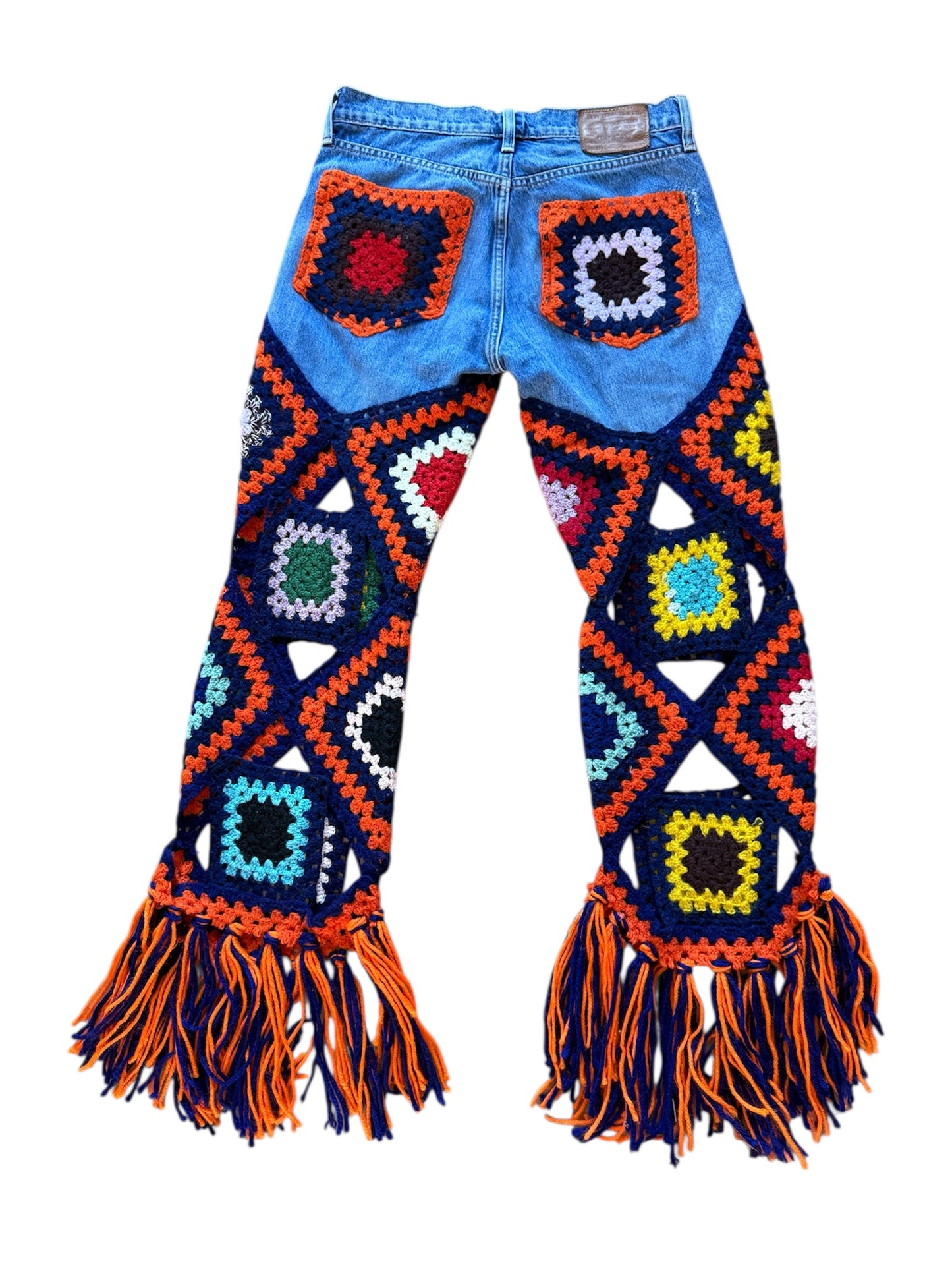 Multicolour denim and crochet trousers