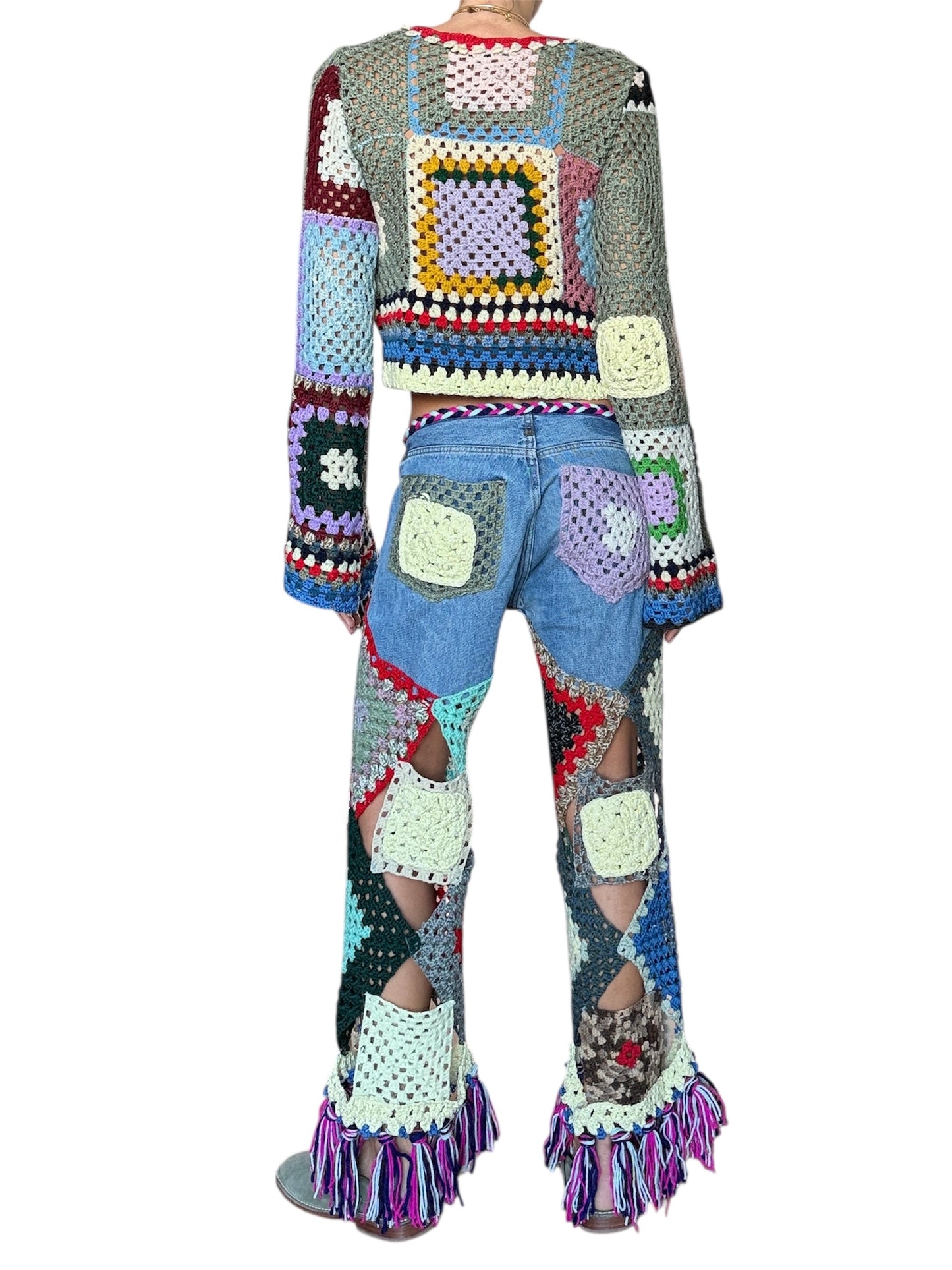 Multicolour denim and crochet trousers