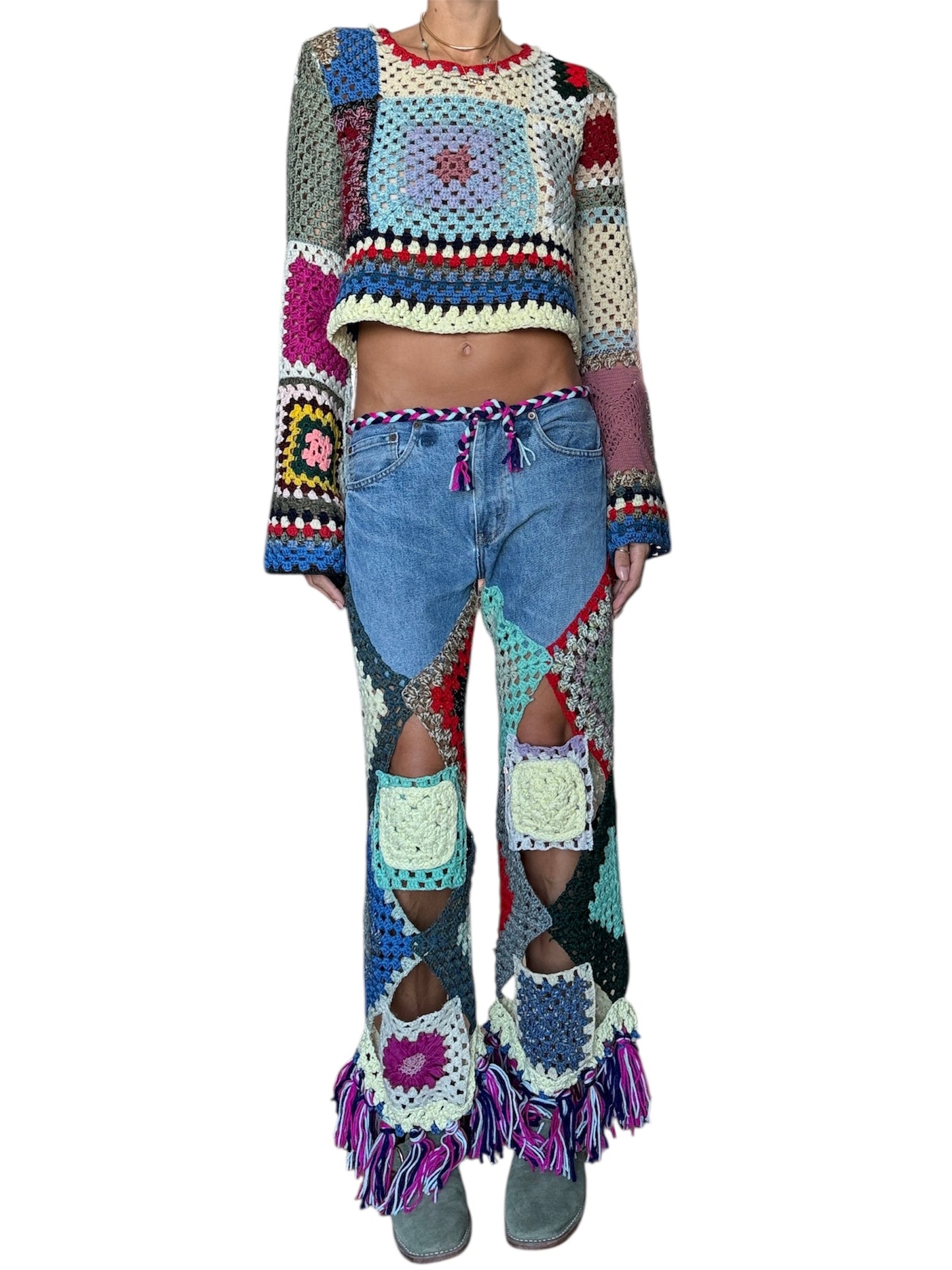 Multicolour denim and crochet trousers