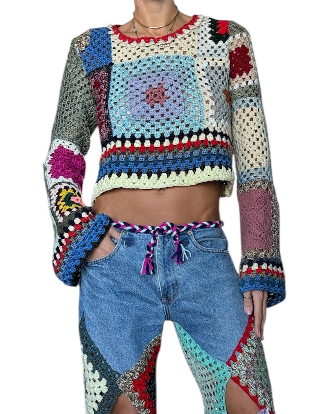 Multicolour crochet top with bell sleeves