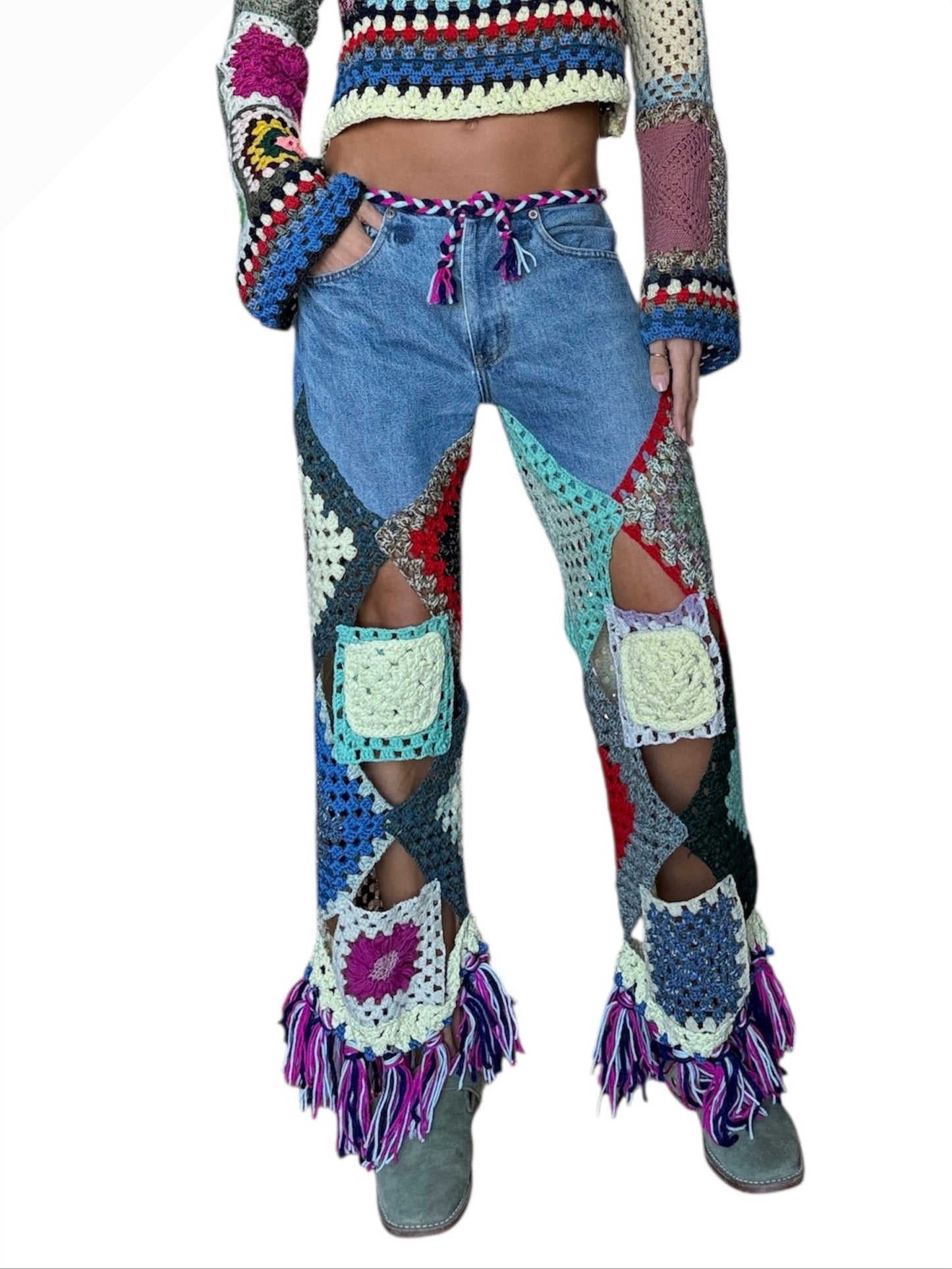Multicolour denim and crochet trousers