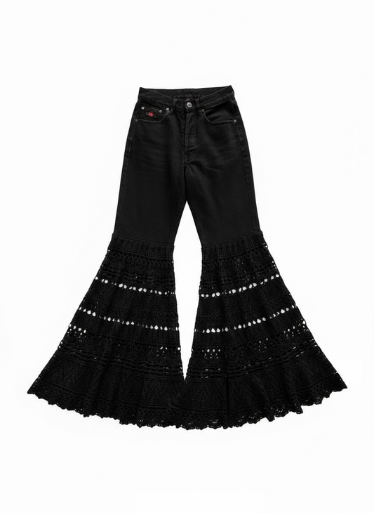 Denim and crochet flare trousers in black