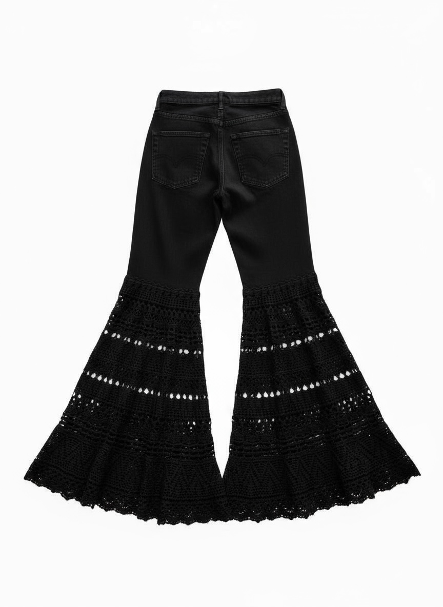 Denim and crochet flare trousers in black