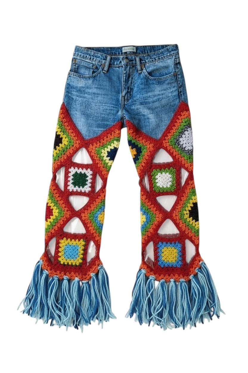 Multicolour denim and crochet trousers