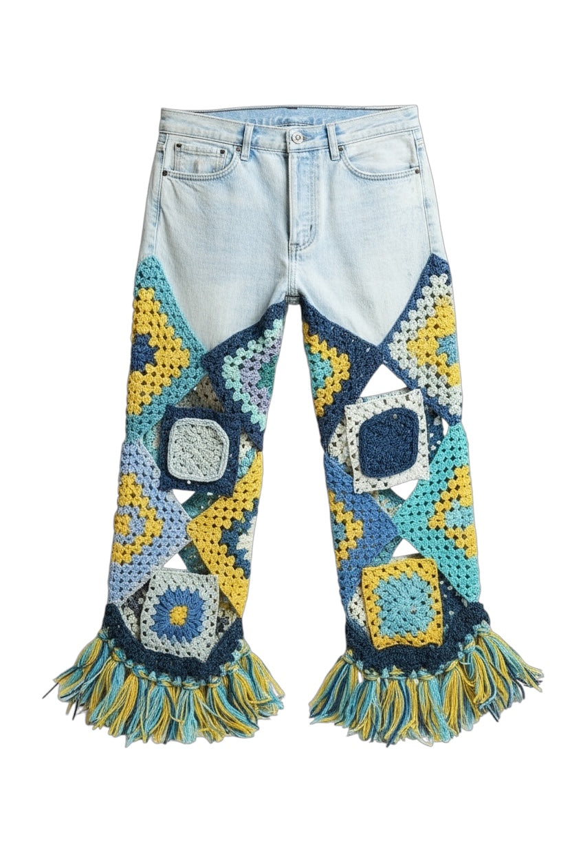 Multicolour denim and crochet trousers