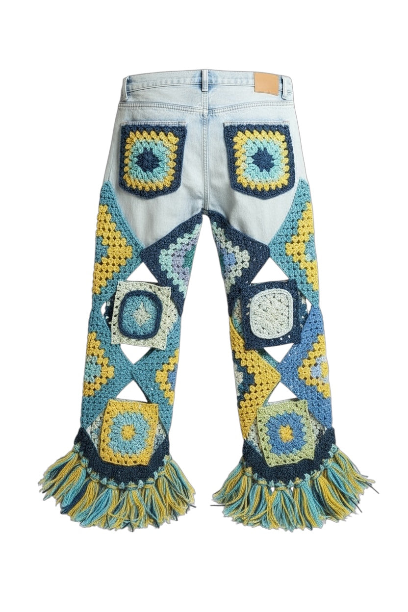 Multicolour denim and crochet trousers