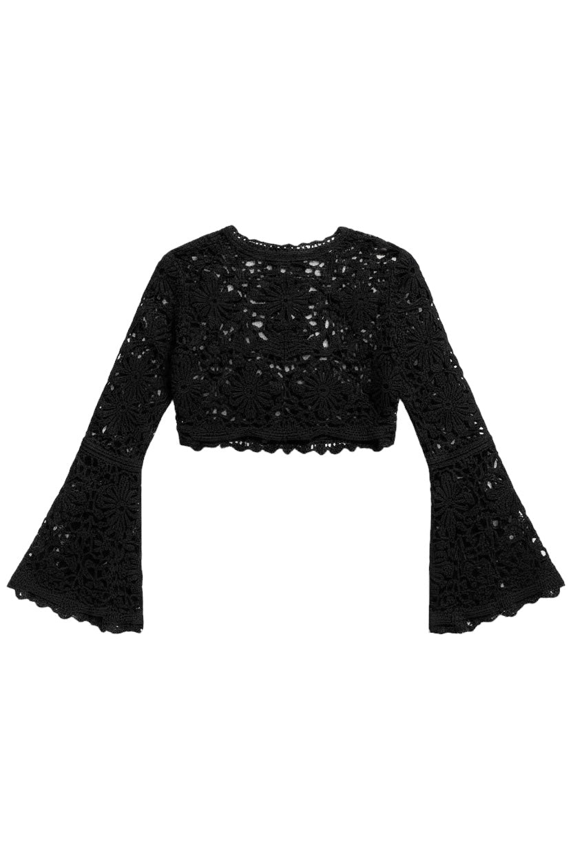 Crochet top with bell sleeves in black