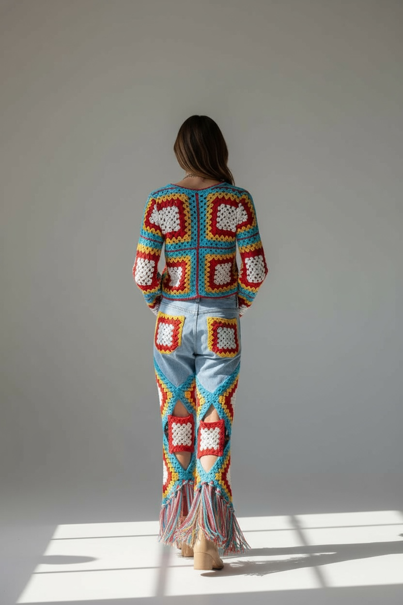 Person wearing a colorful crochet sweater and pants against a plain background