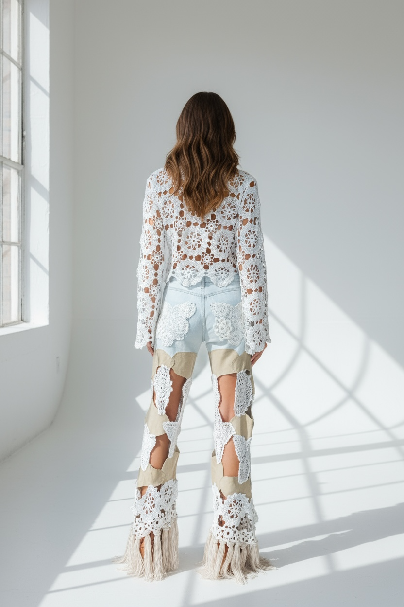 Denim in leather and crochet