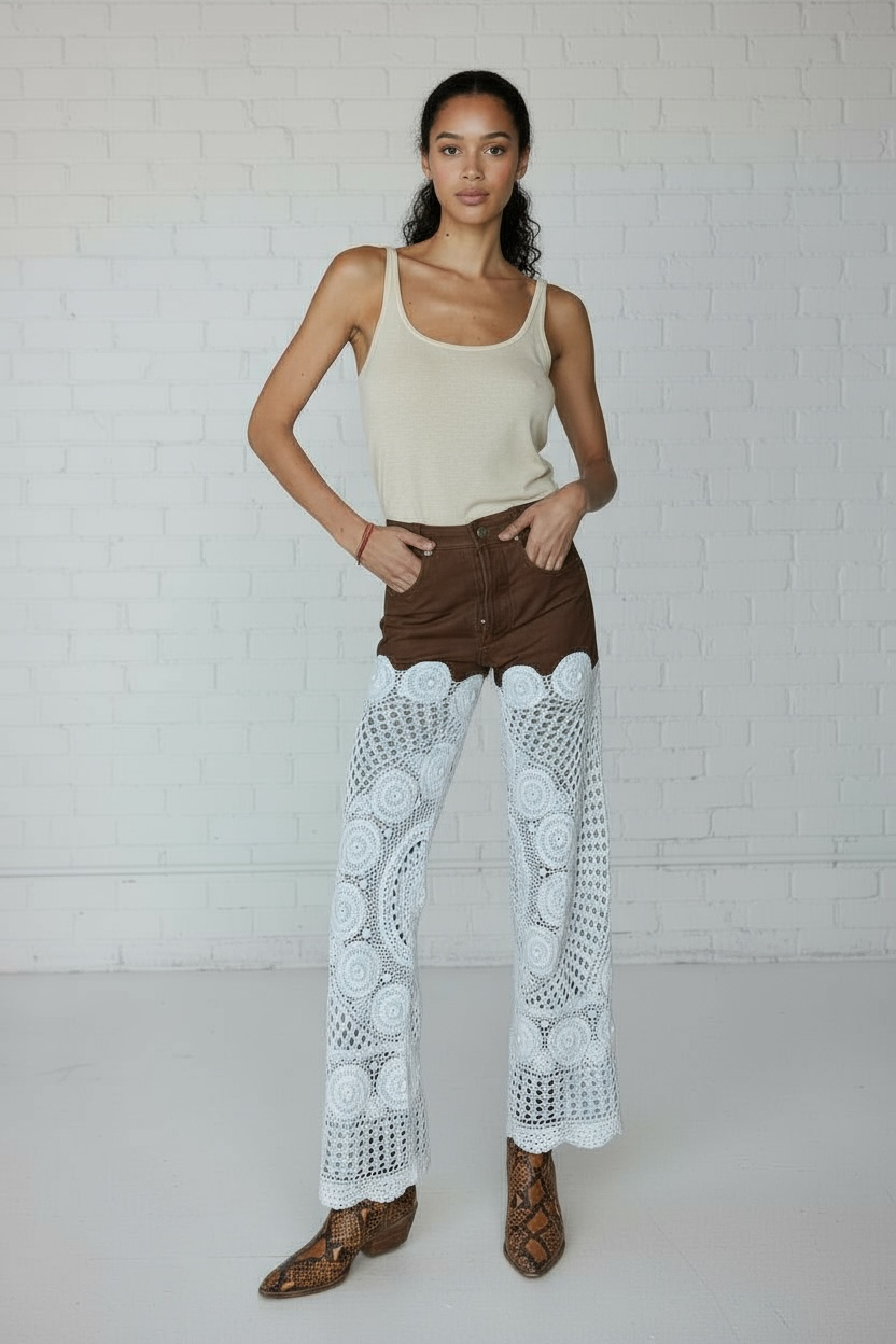 Brown leather and crochet trousers