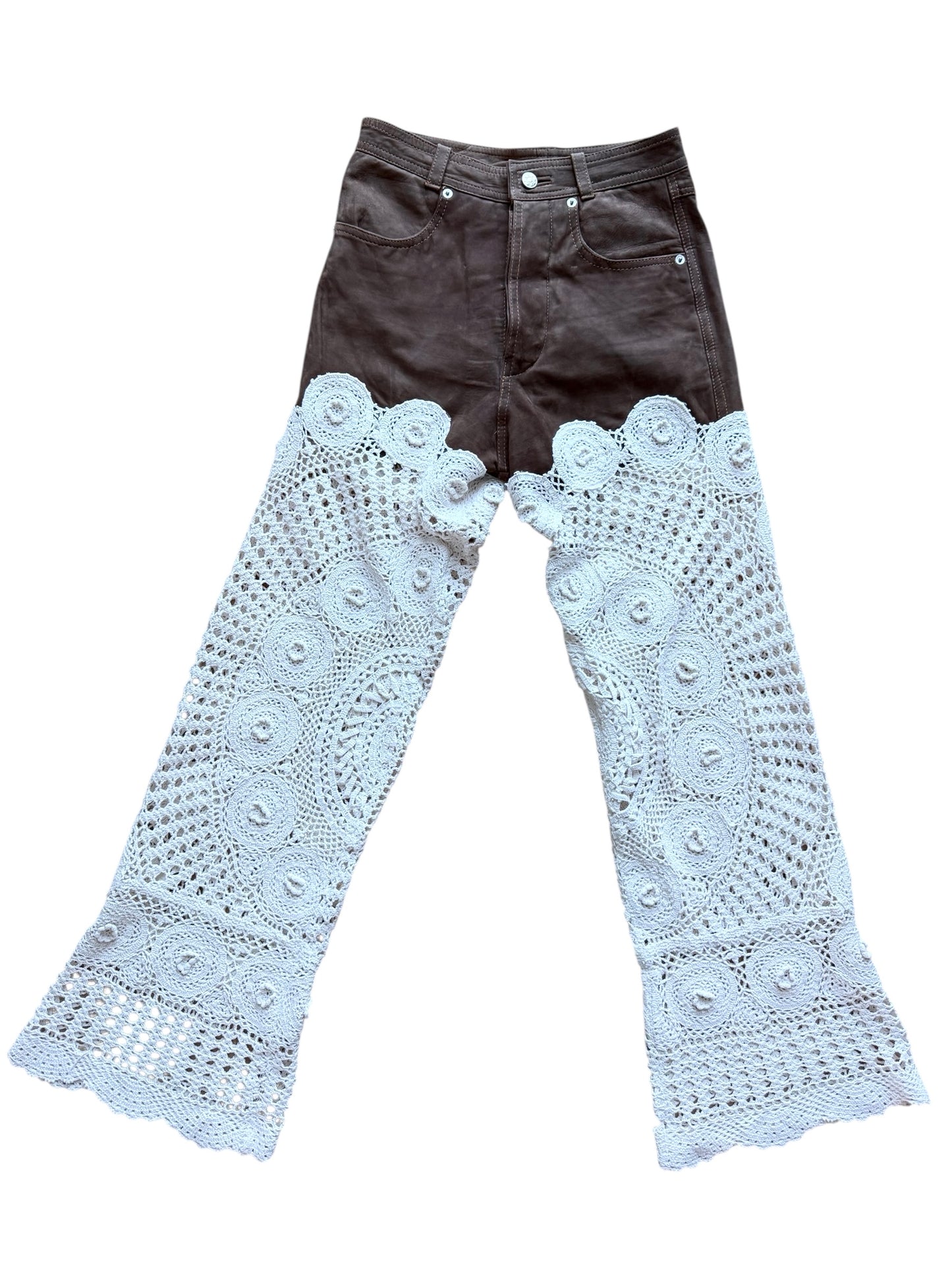 Brown leather and crochet trousers