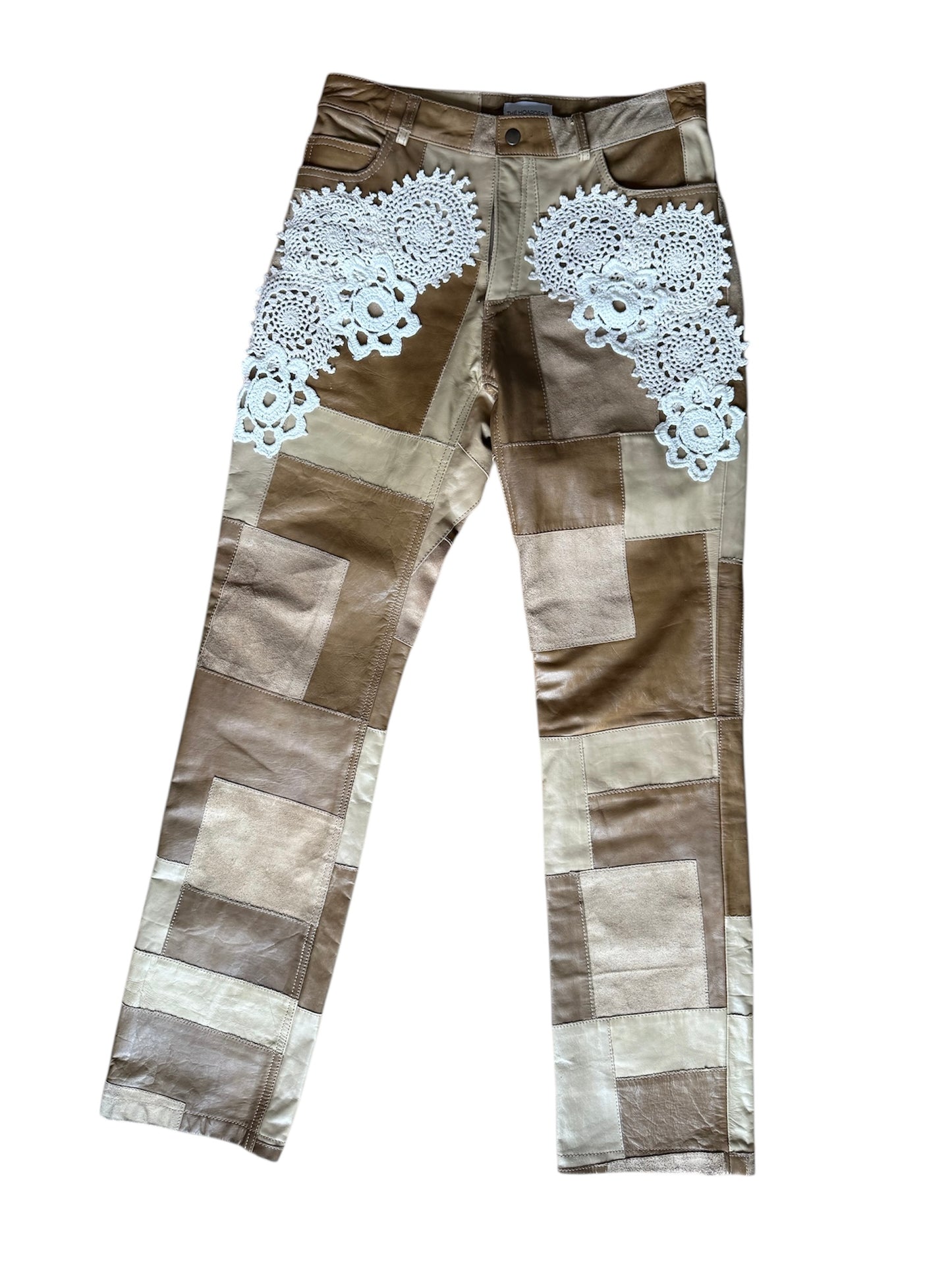 Vintage patchwork leather trousers with crochet detail