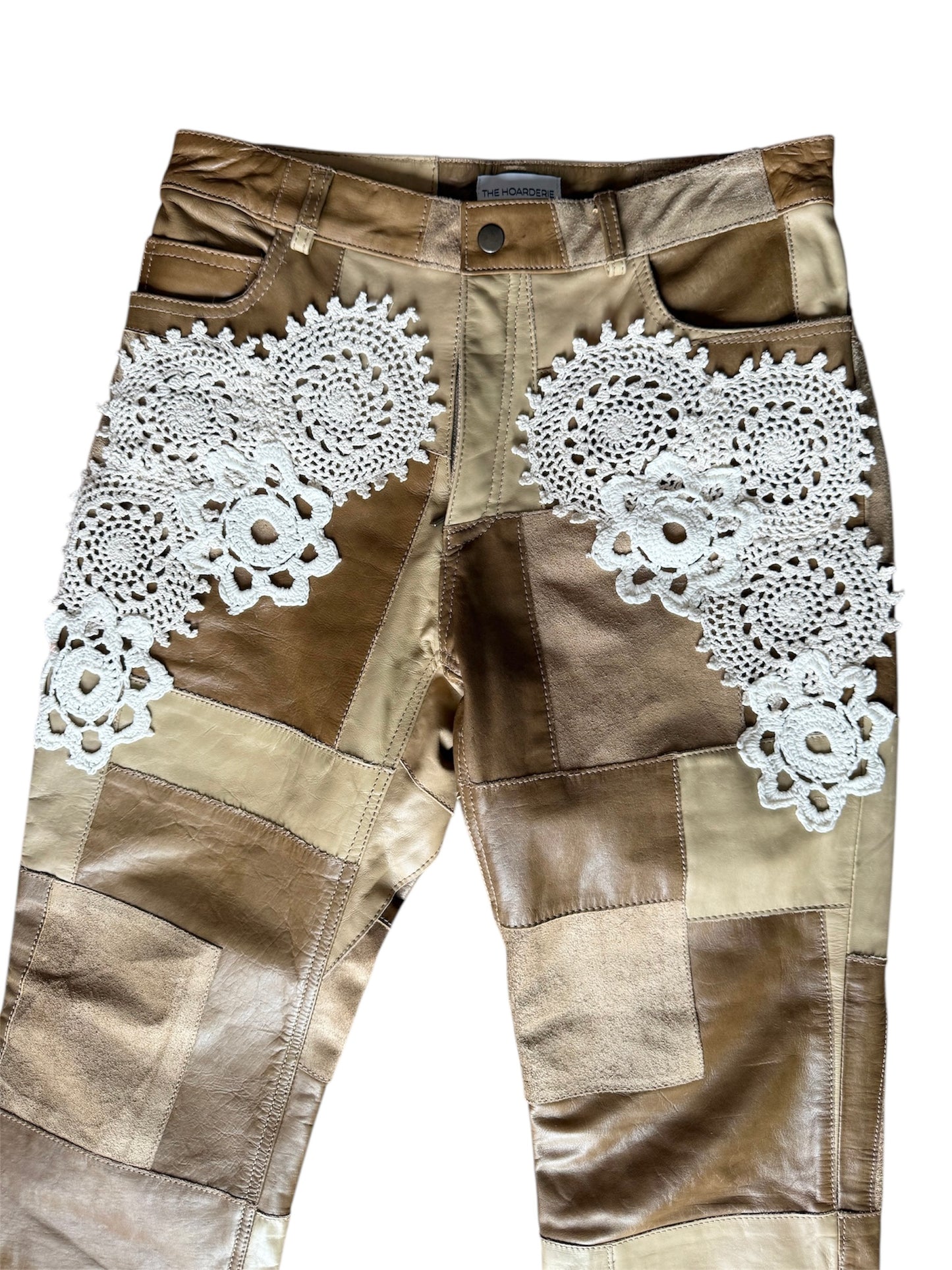 Vintage patchwork leather trousers with crochet detail