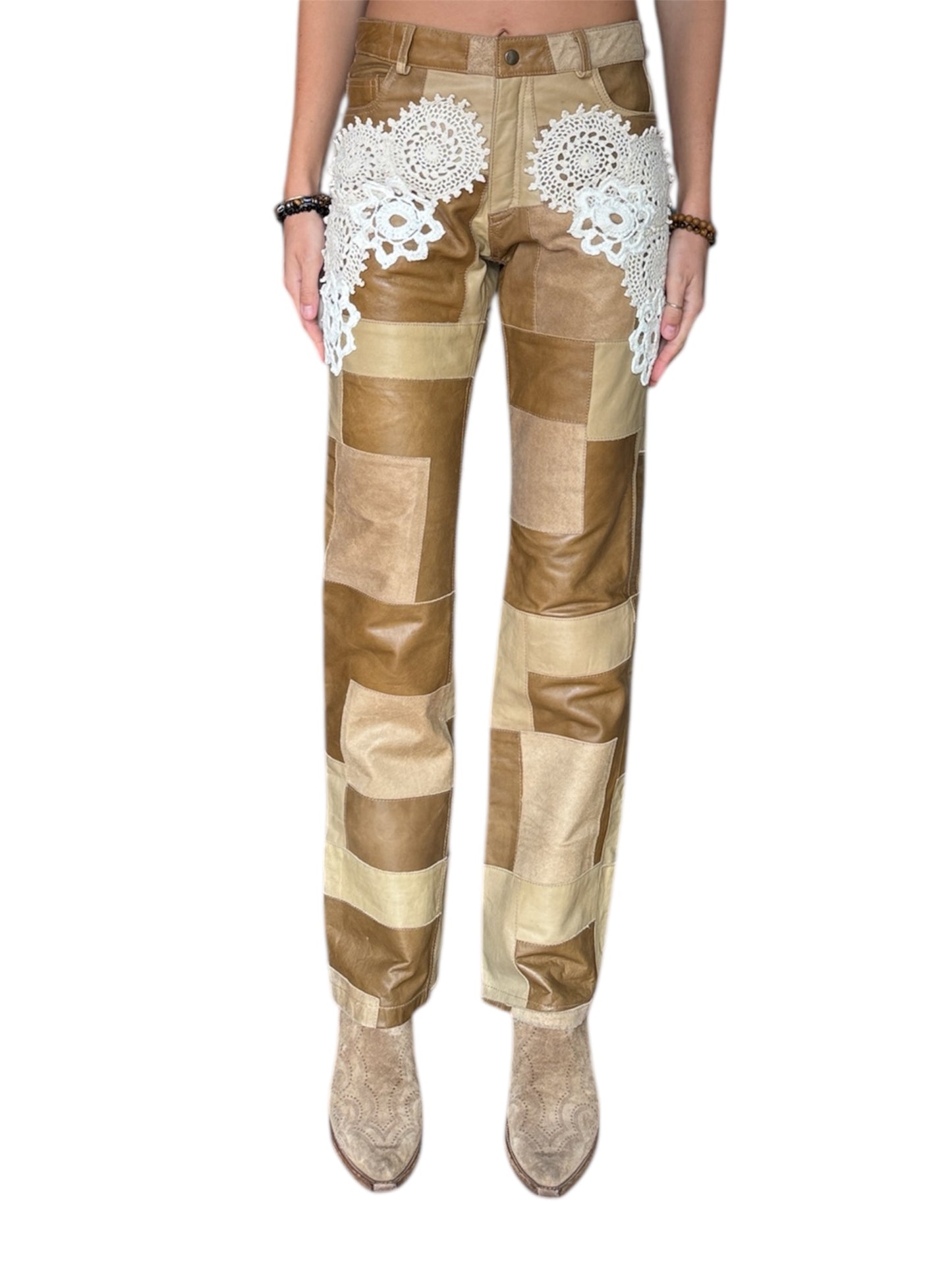 Vintage patchwork leather trousers with crochet detail