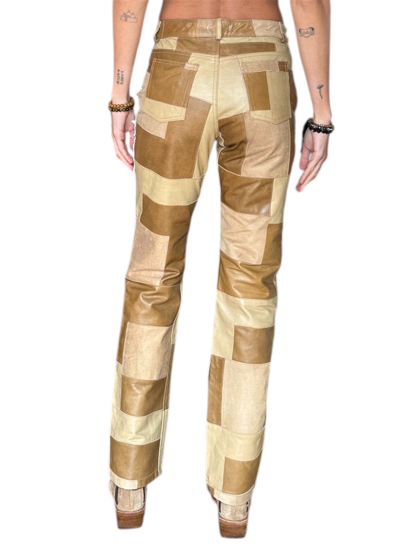 Vintage patchwork leather trousers with crochet detail