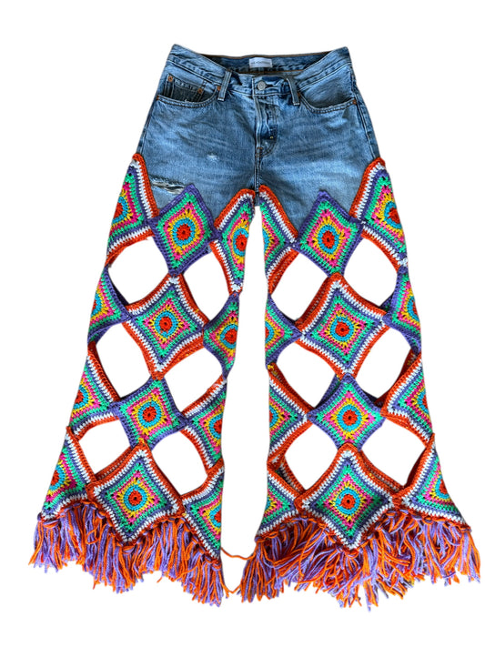 Multicolour denim and crochet trousers