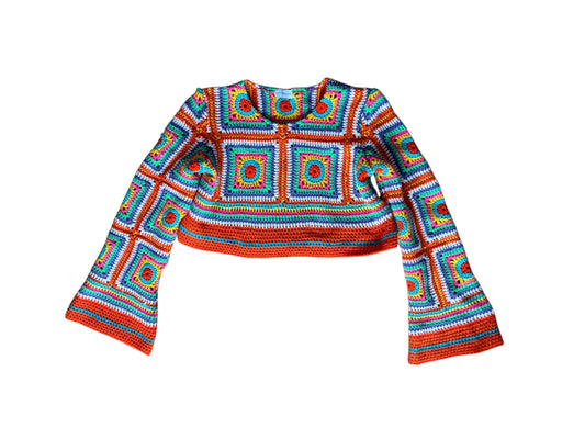 Multicolour crochet top with bell sleeves