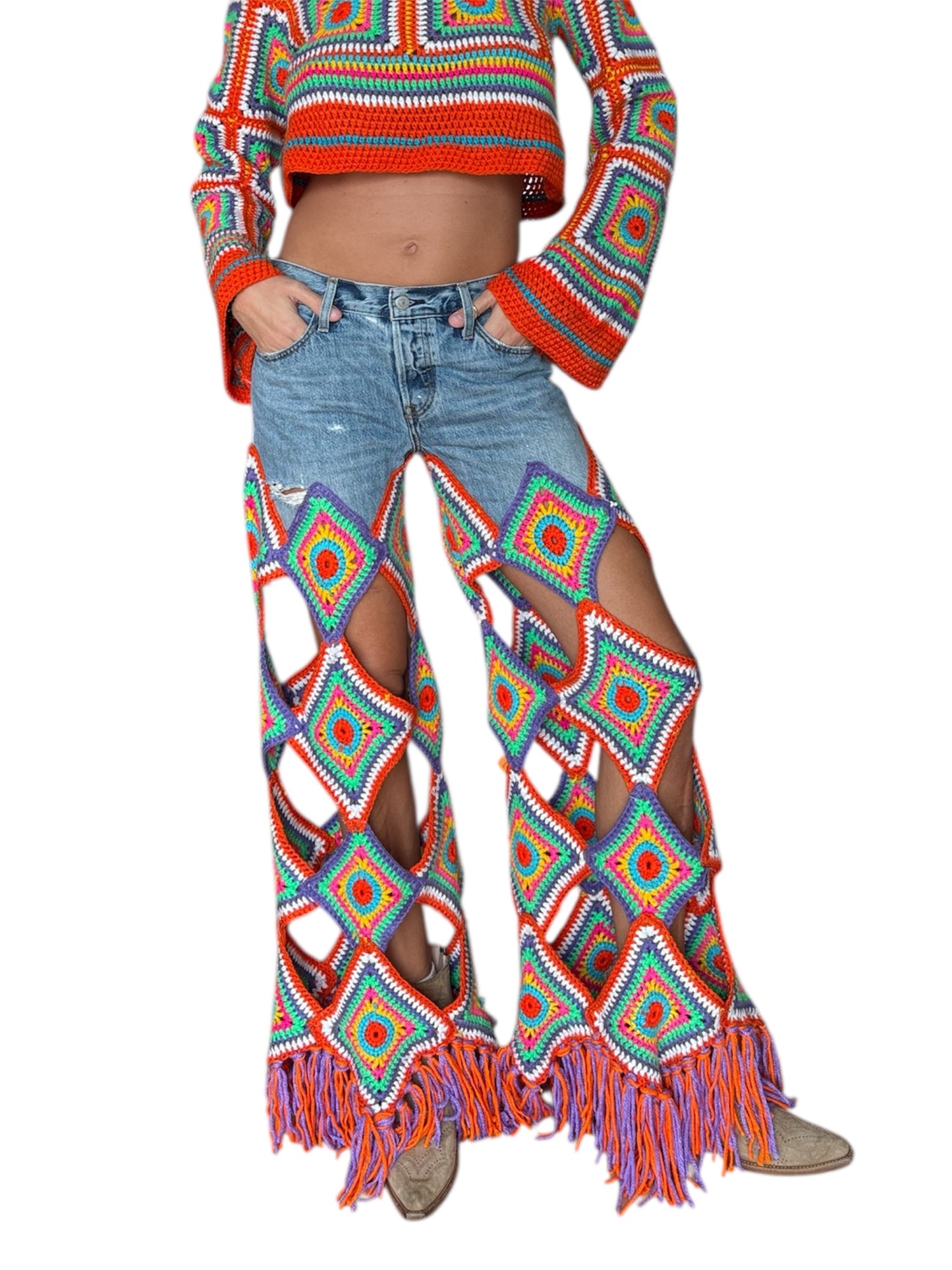 Multicolour denim and crochet trousers