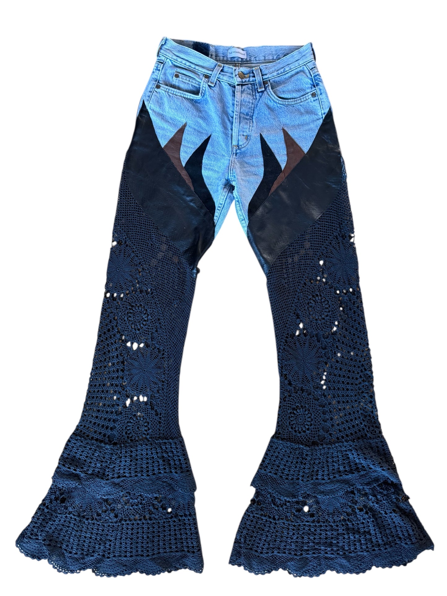 Flare denim in leather and black crochet