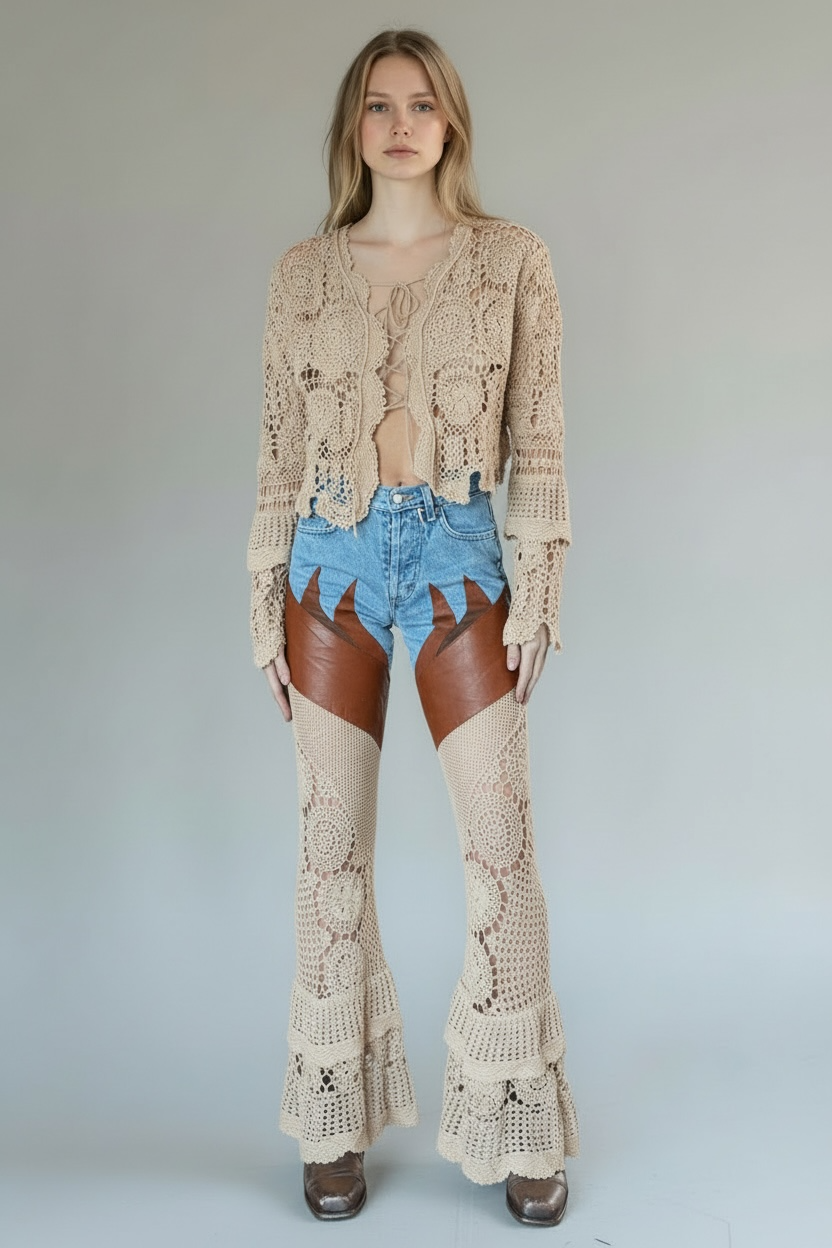 Flare denim in leather and crochet