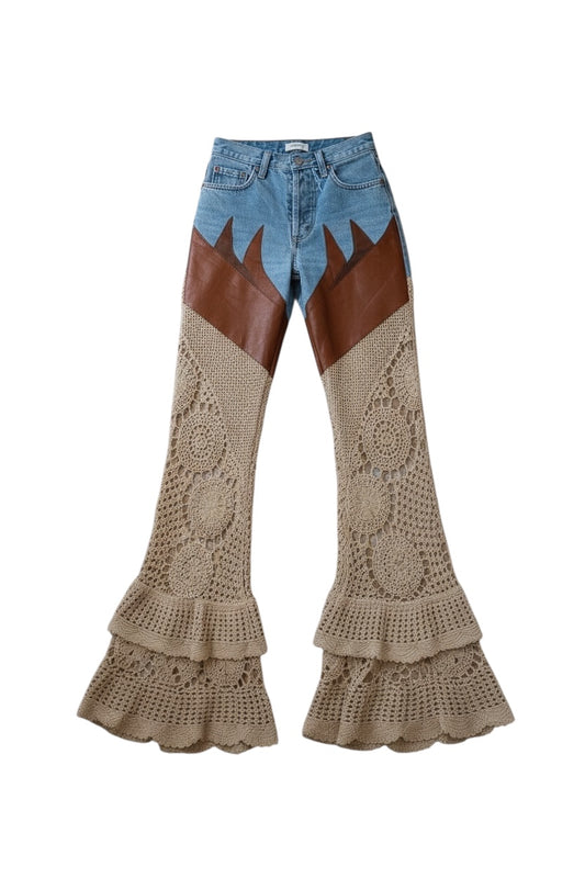 Flare denim in leather and crochet