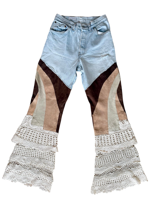 Flare denim in leather and crochet
