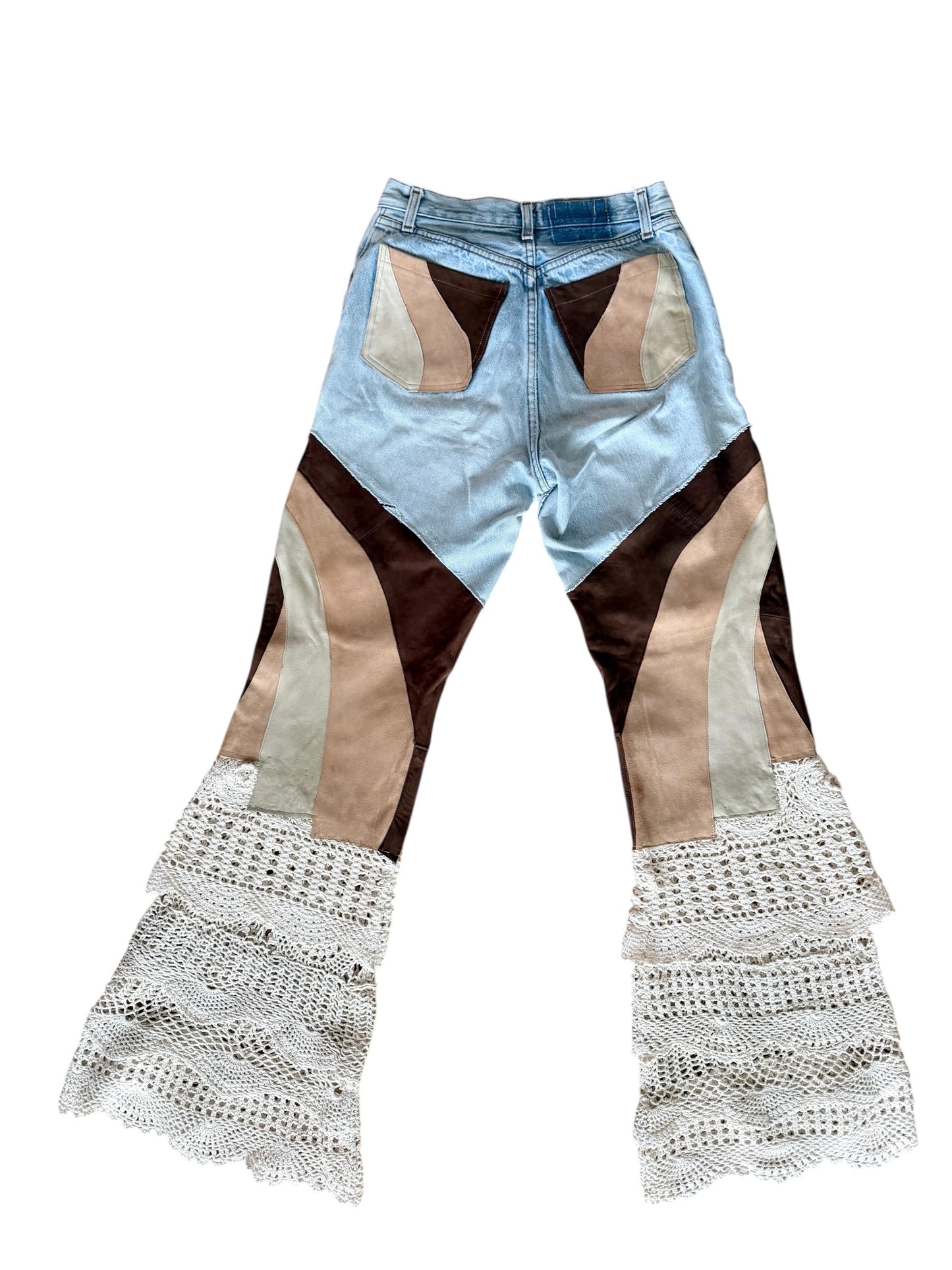 Flare denim in leather and crochet