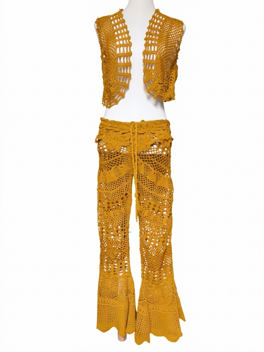 Crochet drawstring trousers in mustard