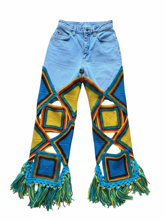 Multicolour denim and crochet trousers
