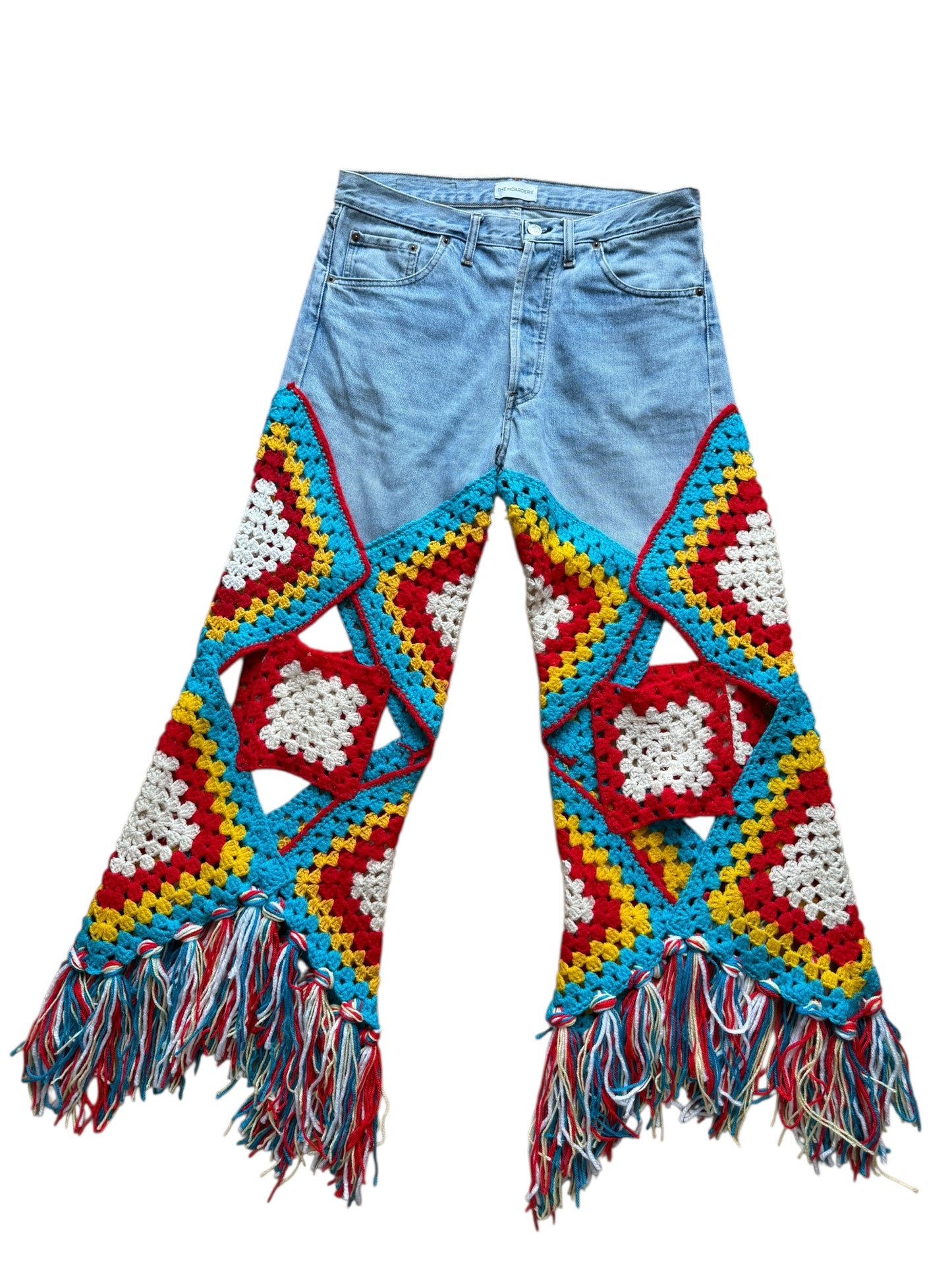 Multicolour denim and crochet trousers