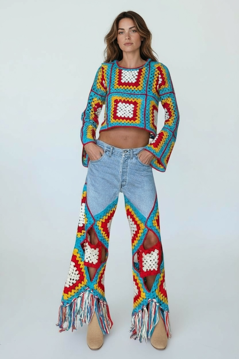 Multicolour crochet top with bell sleeves