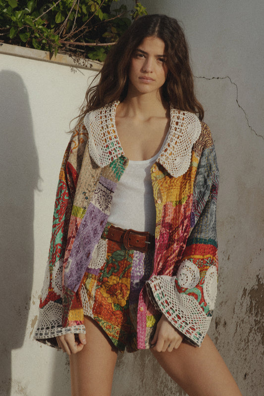 Patchwork jacket with crochet appliqués