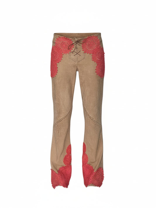 Suede Trousers with Coral Batik Crochet Panels
